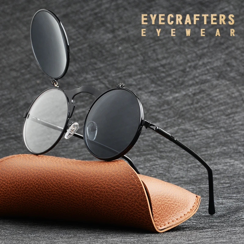 EYECRAFTERS Moda Flip Up Objektiv Steampunk Vintage Retro Slogu Okrogla sončna Očala, Vzmetne Noge Elektronske Dvojno Objektiv Eyewaer 5