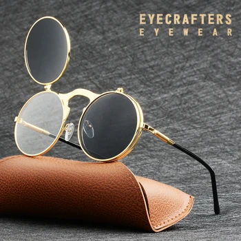 EYECRAFTERS Moda Flip Up Objektiv Steampunk Vintage Retro Slogu Okrogla sončna Očala, Vzmetne Noge Elektronske Dvojno Objektiv Eyewaer