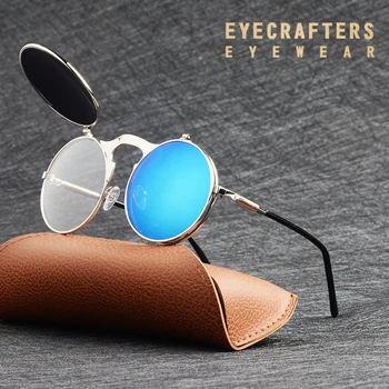 EYECRAFTERS Moda Flip Up Objektiv Steampunk Vintage Retro Slogu Okrogla sončna Očala, Vzmetne Noge Elektronske Dvojno Objektiv Eyewaer 1