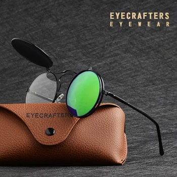 EYECRAFTERS Moda Flip Up Objektiv Steampunk Vintage Retro Slogu Okrogla sončna Očala, Vzmetne Noge Elektronske Dvojno Objektiv Eyewaer 4