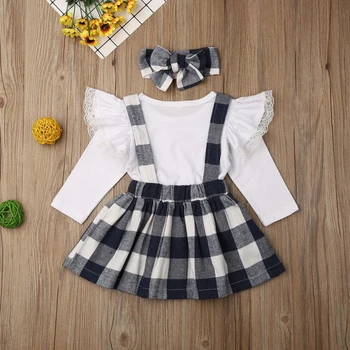 Baby Dekleta Obleke, Kompleti 2019 Jeseni Kariran, ki plujejo pod rokav vrh+trak obleko+Glavo 3-kos otroke, otroška Oblačila Obleko 5