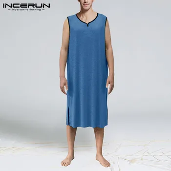 INCERUN Poletne Moške Obleke brez Rokavov V Vratu Barva Svoboden Homewear Udobno kopalni plašč 2021 Sleepwear Mens Nightgown S-5XL 7 5