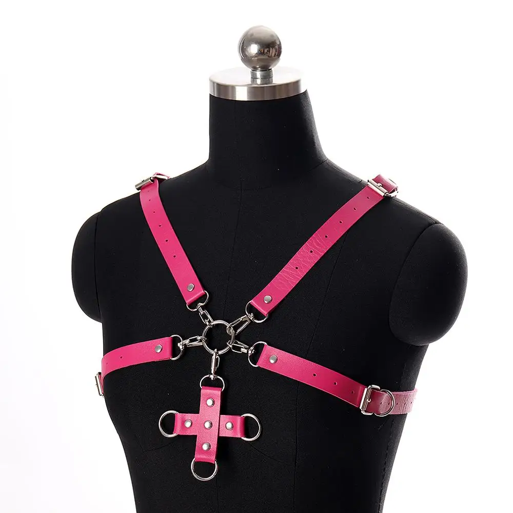 Hot Pink Telo Pas Usnjeni Pas Ropstva Prsih Križ Pribor Seksi Perilo Punk Goth Ples Kostum Plus Velikost Modrc Suspender 1