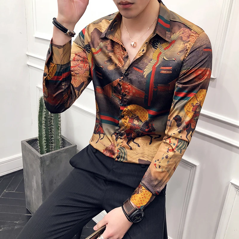 Trend nove moške osebnosti tiskano majico boutique moda Slim dolgo sleeved cvet majica za moške poslovne pogostitve formalno majica 4