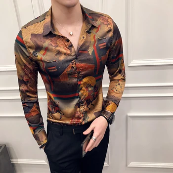 Trend nove moške osebnosti tiskano majico boutique moda Slim dolgo sleeved cvet majica za moške poslovne pogostitve formalno majica 0