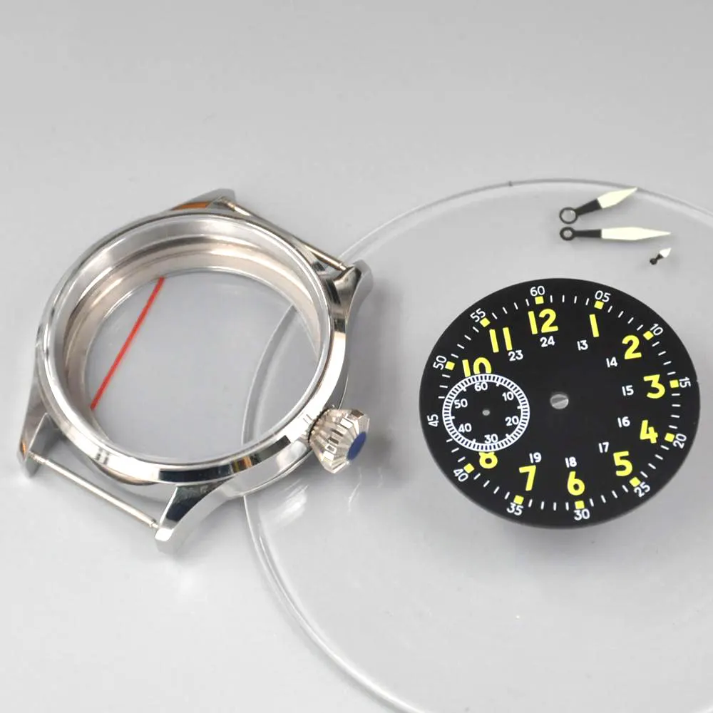 Pazi primeru nastavite 43mm iz Nerjavečega jekla gumb za izbiranje roke Safirno Steklo Fit ST3600 6497/6498 gibanja mehanske ročne ure moške 2