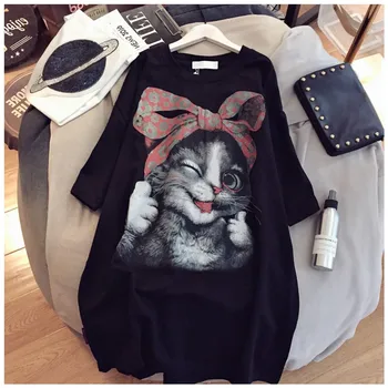 2021 poletje ženske T-shirt obleko korejski mačka vzorec srčkan obleko oversize bombaž srednje dolžine obleko Estetska Oblačila 0
