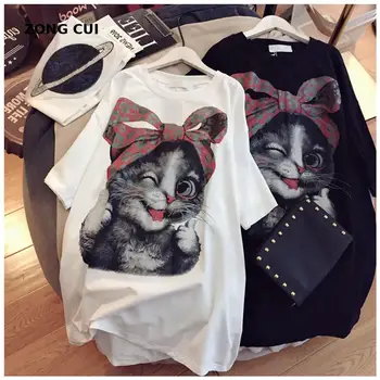 2021 poletje ženske T-shirt obleko korejski mačka vzorec srčkan obleko oversize bombaž srednje dolžine obleko Estetska Oblačila 1