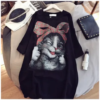 2021 poletje ženske T-shirt obleko korejski mačka vzorec srčkan obleko oversize bombaž srednje dolžine obleko Estetska Oblačila 4