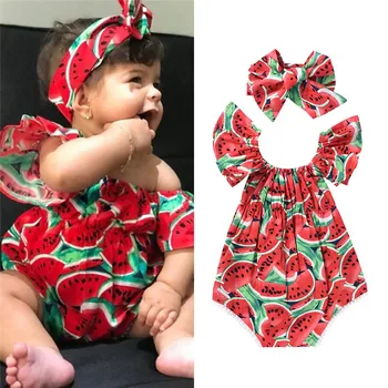 Pudcoco Baby Girl Obleke Novorojenčka Novo rojen brez Rokavov Lubenica Tiskanje Bodysuit+Sladko Glavo 2pcs Obleke 3