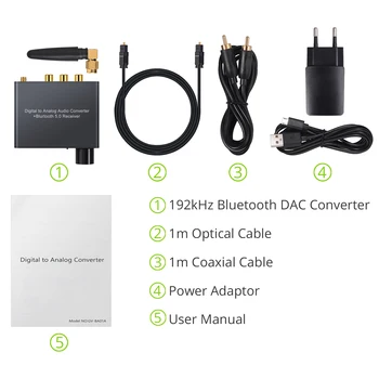 192kHz Digitalno Analogni Pretvornik Bluetooth z DAC Z Ojačevalcem za Slušalke Nadzor Glasnosti Optični Koaksialni na RCA 3,5 mm Adapter 3
