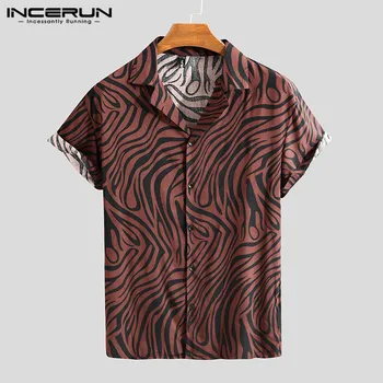 INCERUN 2021 Moških Leopard Natisne Majica Kratek Rokav znižuj Ovratnik Shirt Priložnostne Gumbi Svoboden Bluzo Človek Elegantna Hawaiian Camisa7 1