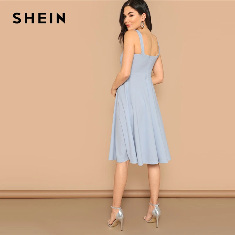 SHEIN Modra Zip Nazaj Fit in Flare Tank Midi Obleko 2019 Pomlad Linije Fit In Flare Visoko Pasu brez Rokavov Elegantne Obleke 1