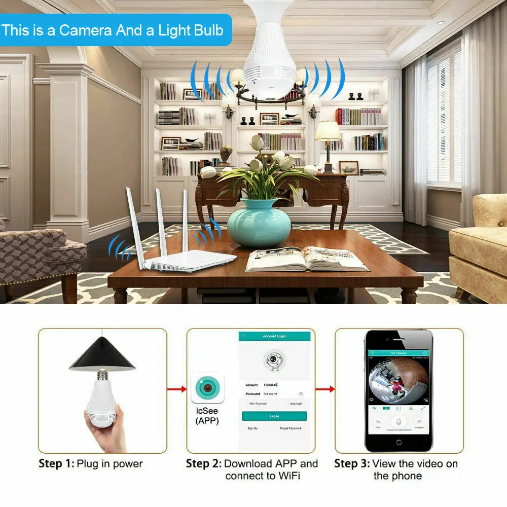 LED Luči 960P Brezžični Panoramski Home Security WiFi CCTV Fisheye Žarnica Svetilka IP Kamero 360-Stopinjski Home Security Vlomilec 3