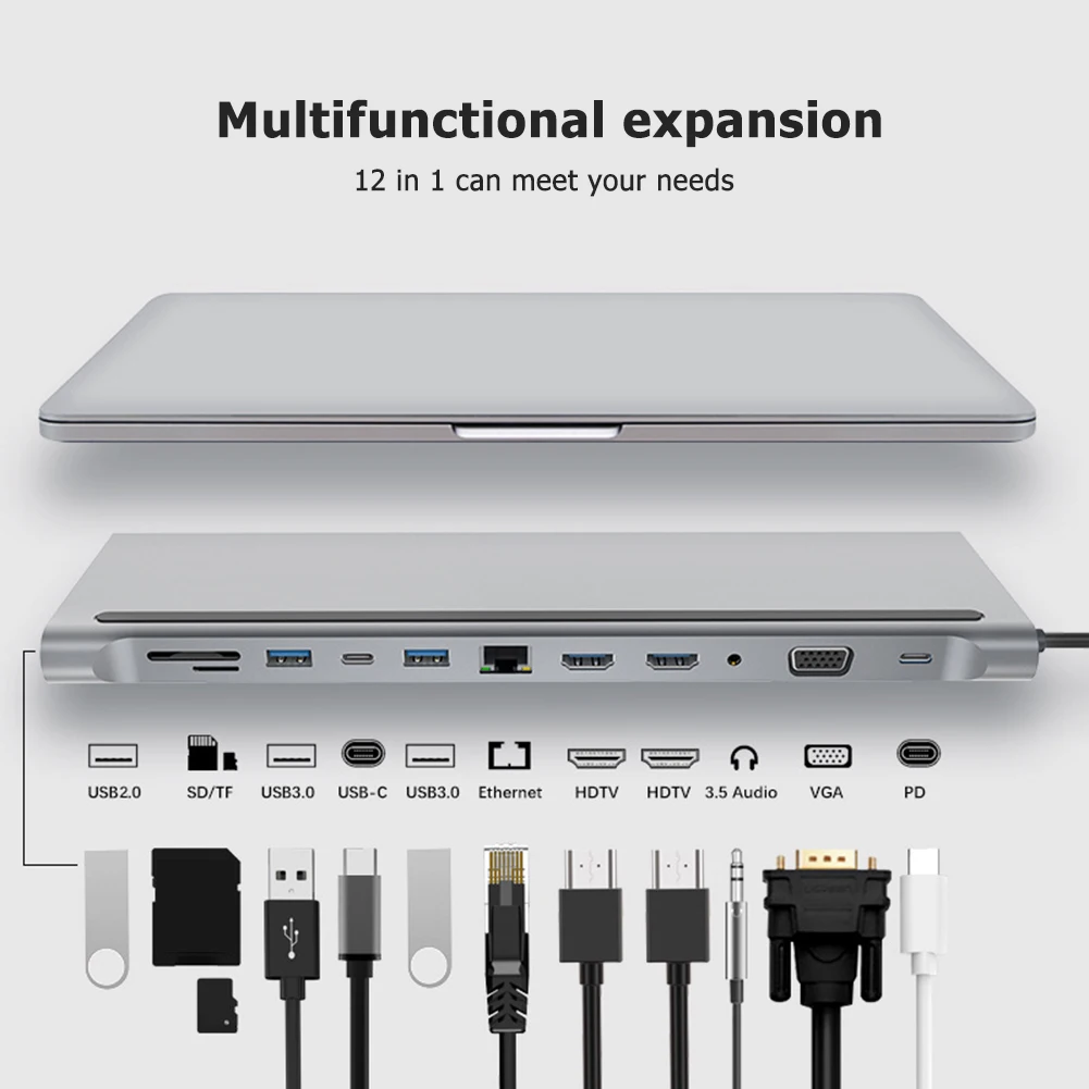 12 v 1 USB C VOZLIŠČE Tipa C do 4K HDMI VGA, 3,5 mm Audio USB3.0 USB2.0 RJ45 TF/SD Card Reader PD Charing Adapter za MacBook Pro 4