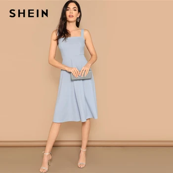 SHEIN Modra Zip Nazaj Fit in Flare Tank Midi Obleko 2019 Pomlad Linije Fit In Flare Visoko Pasu brez Rokavov Elegantne Obleke 0