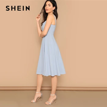 SHEIN Modra Zip Nazaj Fit in Flare Tank Midi Obleko 2019 Pomlad Linije Fit In Flare Visoko Pasu brez Rokavov Elegantne Obleke 3