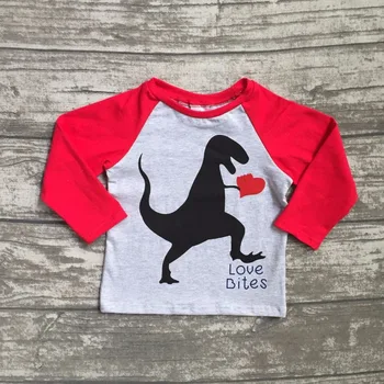 Novo pomlad Valentinovo dojenček fant je Dinozaver rdeča siva srce je ljubezen, srce bombaž boutique srčkan topT-shirt reglans childen clotes 0