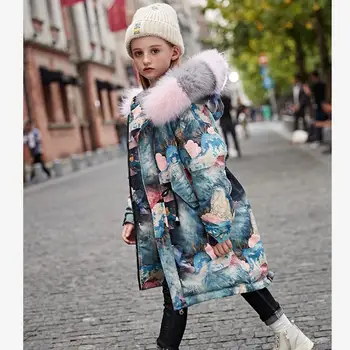 Pozimi otrok navzdol debelejše plasti toplo Windproof hooded tiskanja vrhnjih oblačil pravi krzno ovratnik parka otroci jopiči dekliška oblačila 21362