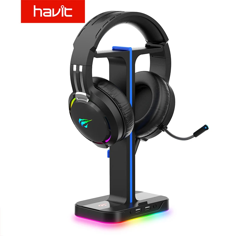 Havit Slušalke Stojala za Stereo Slušalke z RGB Backlit Za PC Gamer Slušalke-Imetnik nedrsečo Podlago 2 USB Slušalke Obešalnik 0