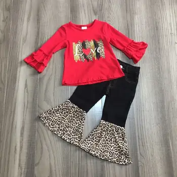 GirlyMax Zimo Pomlad Dekleta Rdeče Leopard Print Majica Bell Dnu Črne Hlače Dojenček V-dan Obleke 22243