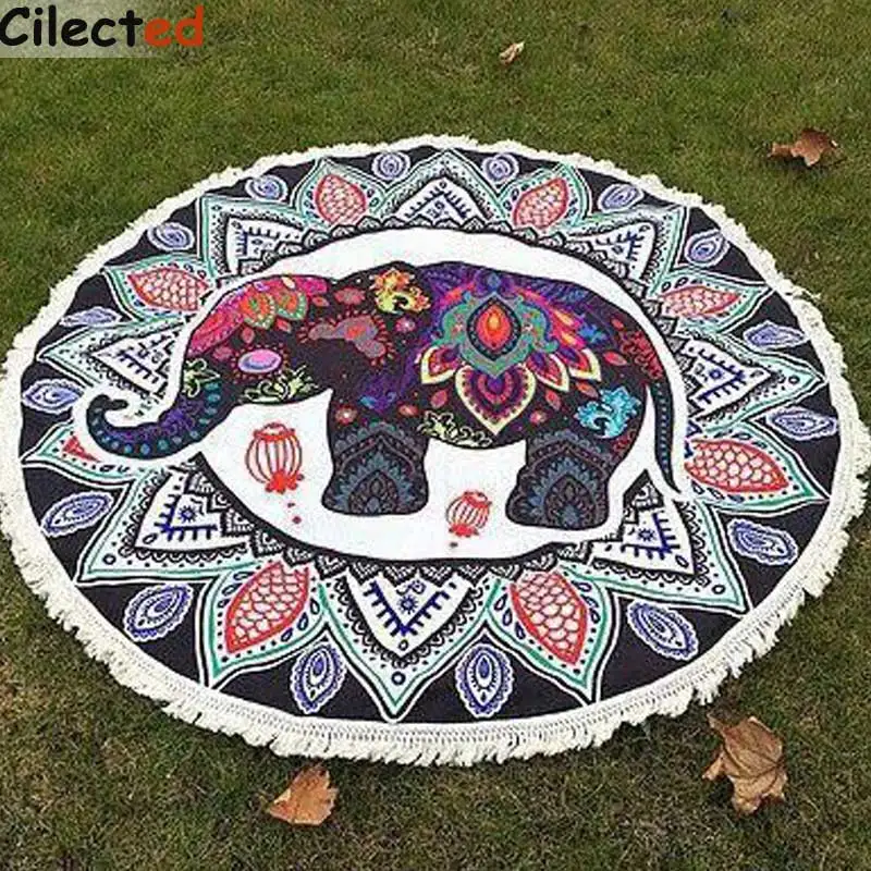 Cilected Slon Mandala Tapiserija, Stenske Slike Krog Indijski Lotus Joga Mat Bohemian Vrgel Šal Tassel Plaži Kritje 2