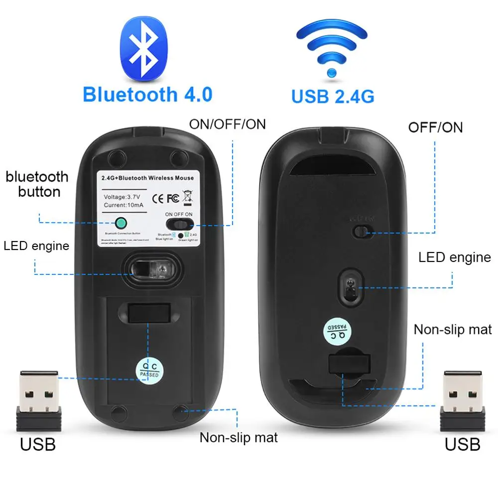 Akumulatorske Brezžične Miške (Miška Bluetooth 4.0 Računalniško Miško Tiho PC Ergonomska Miške USB, Optičnega Mause Baterije za Prenosnik 0