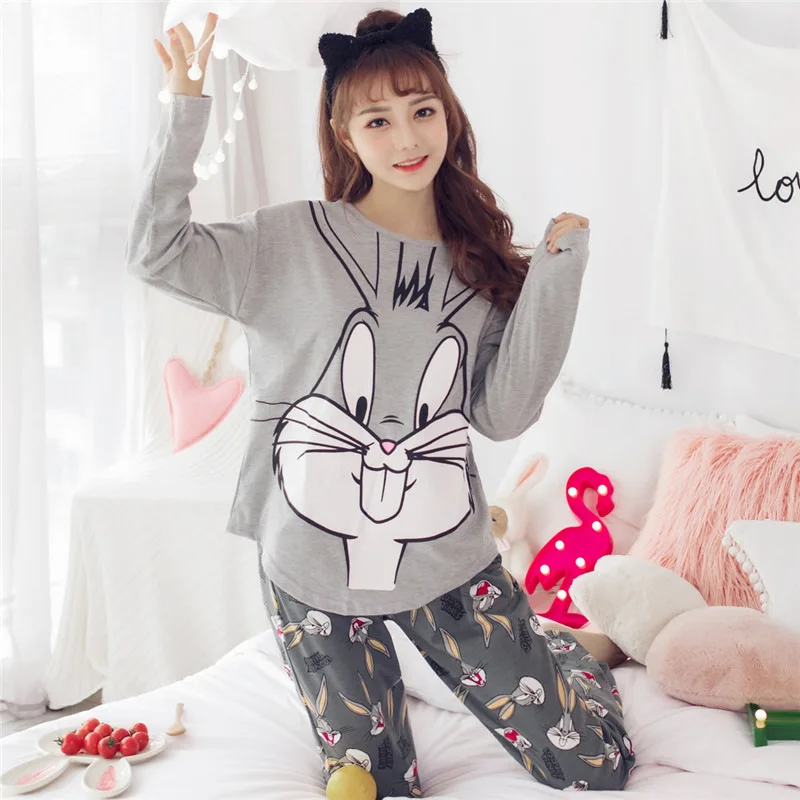Srčkan Pajama Nastavite Roza Bugs Bunny Ženske Pižame Jeseni Dolge Rokave Tiskanje Pižamo Celotno Dolžino Domov Oblačila 1