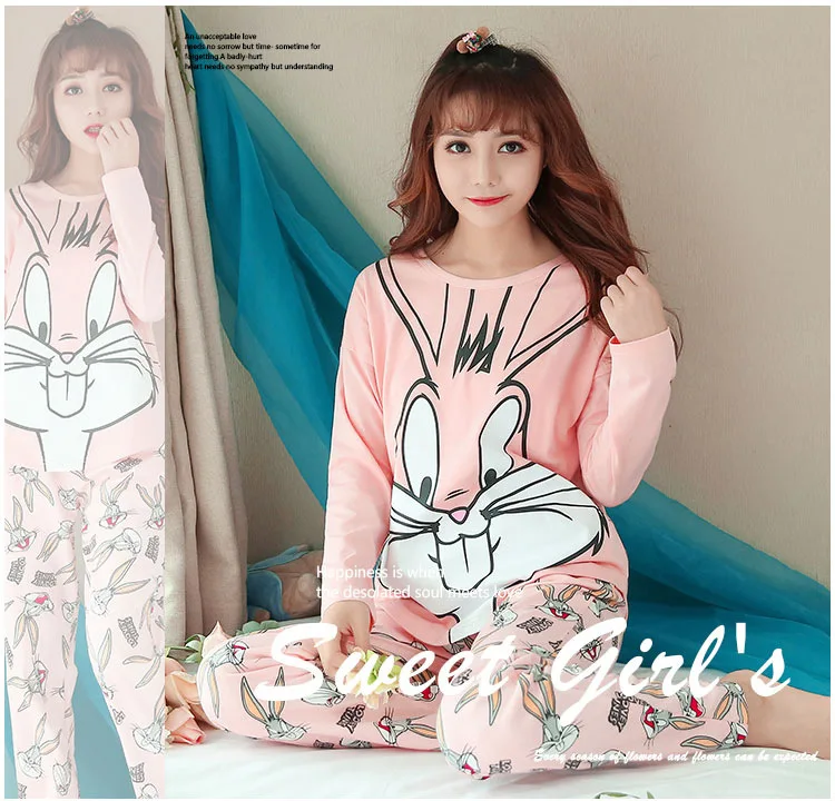 Srčkan Pajama Nastavite Roza Bugs Bunny Ženske Pižame Jeseni Dolge Rokave Tiskanje Pižamo Celotno Dolžino Domov Oblačila 3
