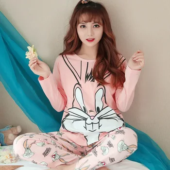 Srčkan Pajama Nastavite Roza Bugs Bunny Ženske Pižame Jeseni Dolge Rokave Tiskanje Pižamo Celotno Dolžino Domov Oblačila 23065