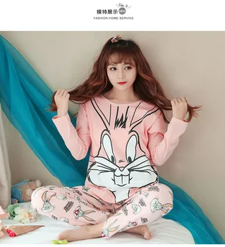 Srčkan Pajama Nastavite Roza Bugs Bunny Ženske Pižame Jeseni Dolge Rokave Tiskanje Pižamo Celotno Dolžino Domov Oblačila 2
