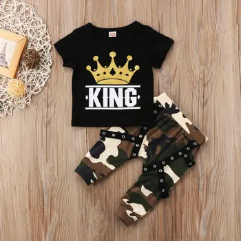 Moda Malčka Otroci Baby Fantje Kralj Vrhovi T-shirt + Camo Hlače, Obleke, Oblačila 0