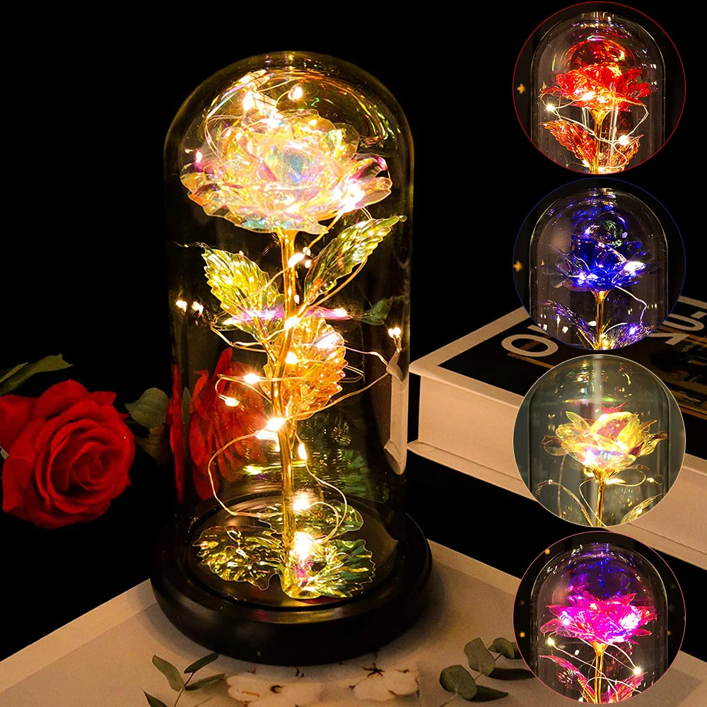 Umetni Večno Rose LED Luči Lepoto Zver V Kozarec Zlata Folija Cvet Valentinovo Darilo Začaran Rose Pravljice Luči 2
