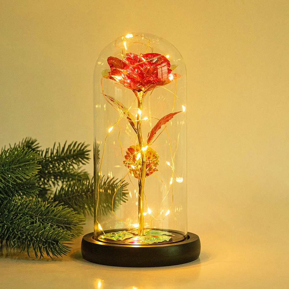 Umetni Večno Rose LED Luči Lepoto Zver V Kozarec Zlata Folija Cvet Valentinovo Darilo Začaran Rose Pravljice Luči 3