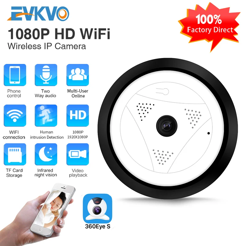 EVKVO Fisheye VR 360-Stopinjski Panoramski Fotoaparat, HD 960P Brezžični Wifi Kamera Home Security Nadzor Sistema IP Kamero P2P 360eye 2