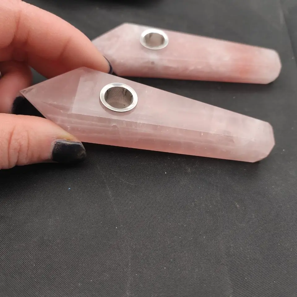 Naravni Pink Rose Quartz Crystal Pipe +1 krtača+3 Filtri 4