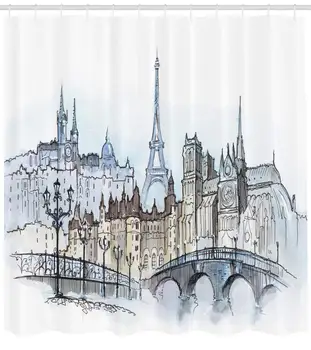 Urban Dekor Tuš Zavesa Geografija Pariz, Eifflov Stolp, Ilustracije Stare Stavbe Vzorec Tkanine, Kopalnica Dekor Nastavite Kljuke 70 V 0
