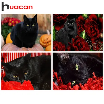 Huacan Diamond Slikarstvo Polno Vrtalnik Black Cat Ročno Izdelan Darilni Mozaik Navzkrižno Šiv Cvet Doma Dekor Diamantno Art 5