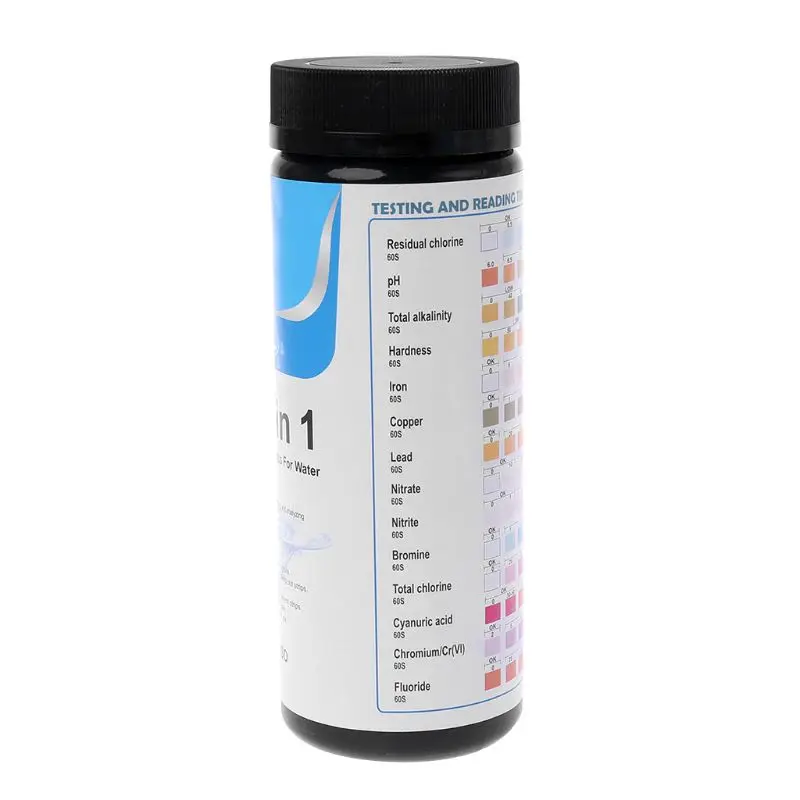 100Strips Vode Testnih Lističev Reagenta Trakovi Za Kakovost Vode Analiziranje in Testiranje S 14 Analiza Preostalega Klora, pH Alkalno Skupaj 5