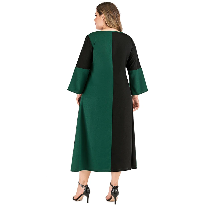 Siskakia Plus Velikost Ženske Obleke Pomlad 2020 Modni Barvni Blok Midi Obleko O Vratu Dolg Rokav Priložnostne Velika Velikost Oblačila Zelene Nova 2