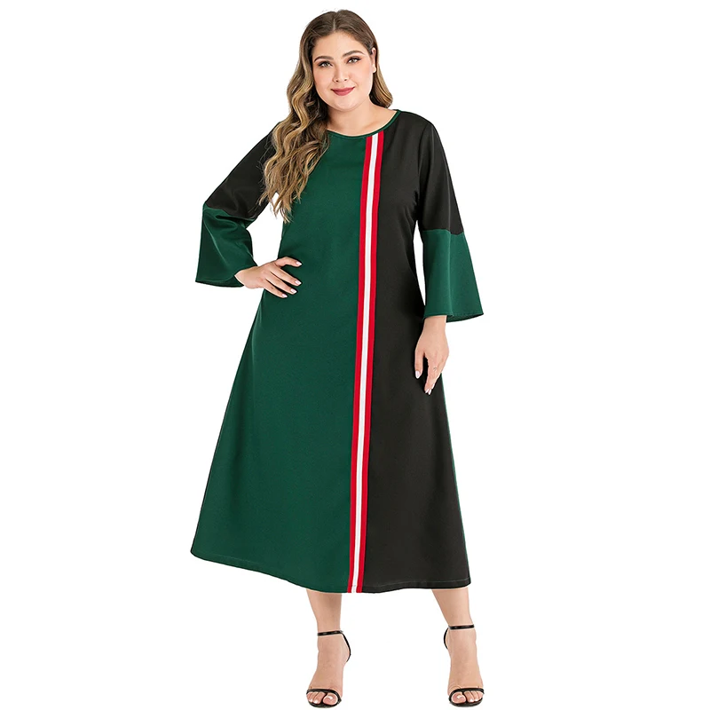 Siskakia Plus Velikost Ženske Obleke Pomlad 2020 Modni Barvni Blok Midi Obleko O Vratu Dolg Rokav Priložnostne Velika Velikost Oblačila Zelene Nova 4