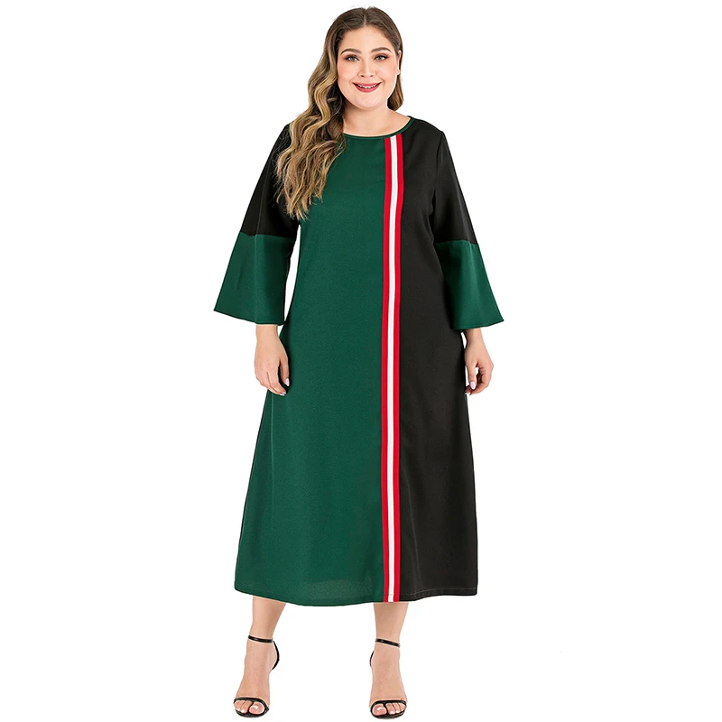 Siskakia Plus Velikost Ženske Obleke Pomlad 2020 Modni Barvni Blok Midi Obleko O Vratu Dolg Rokav Priložnostne Velika Velikost Oblačila Zelene Nova 5