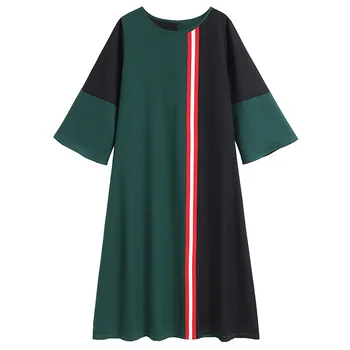 Siskakia Plus Velikost Ženske Obleke Pomlad 2020 Modni Barvni Blok Midi Obleko O Vratu Dolg Rokav Priložnostne Velika Velikost Oblačila Zelene Nova 0