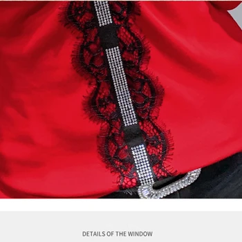 Pomlad Jesen korejski Slog T-Shirt Dekle Elegantno Seksi Off Ramenski Sijoče Diamanti Mozaik Očesa Čipke Bombaža Ženske Vrhovi Tees T0D204A 0