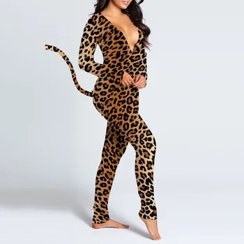 2021 Seksi Žensk Romper Leopard Tiskanja Dolg Rokav Gumb Zavihek More Jumpsuit Bodysuit Playsuit Romper Živali Cosplay Kostum 0