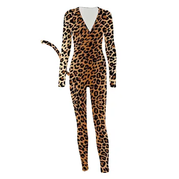 2021 Seksi Žensk Romper Leopard Tiskanja Dolg Rokav Gumb Zavihek More Jumpsuit Bodysuit Playsuit Romper Živali Cosplay Kostum 1