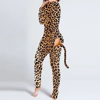 2021 Seksi Žensk Romper Leopard Tiskanja Dolg Rokav Gumb Zavihek More Jumpsuit Bodysuit Playsuit Romper Živali Cosplay Kostum 2