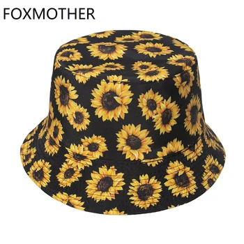 FOXMOTHER Nova Moda Pomlad Poletje Black Cvetlični Ribič Kape Panama Bob, Sončnična Tiskanja Vedro Klobuk Za Ženske Moški 30184