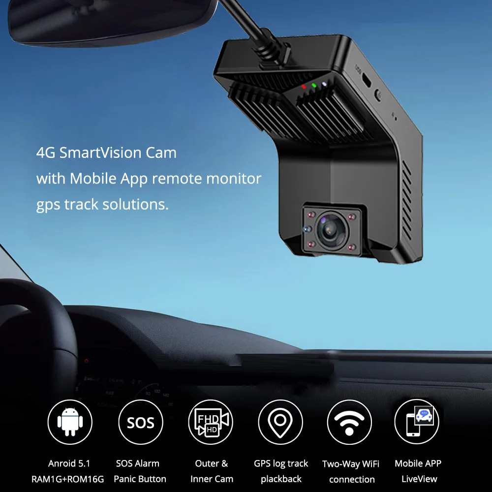 T2 NOVO 4G Dash Cam m/IR Nočno Vizijo Znotraj Android WiFi, GPS Sledenje Dvojno Avto DVR Kamera LiveView FHD 1080P Pogon Diktafon 5
