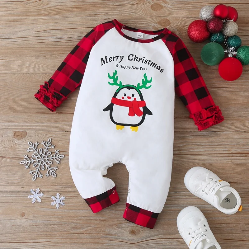 Nov Baby Božič Oblačila Baby Dekle Obleko Luštna Rogovja Pingvin Mozaik Kariran Dolg Rokav Baby Jumpsuit Baby Romper 0-18 M 5